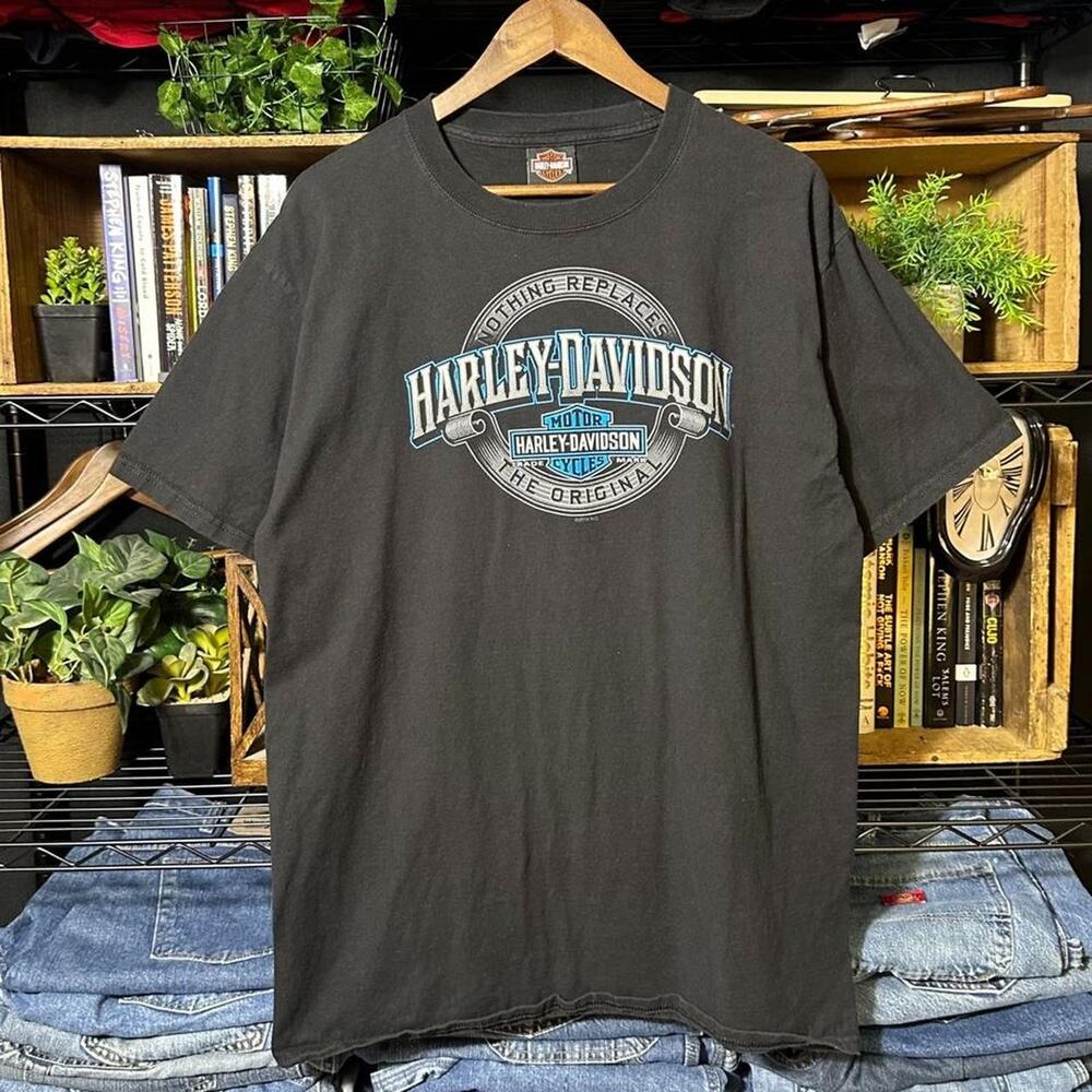 Harley Davidson Black and Blue Biker Tee Mens XL Double Sided Motorcycle Shirt